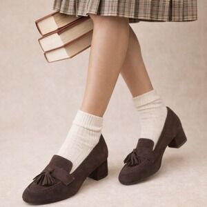 Rag & Co Tassel Block Heel Loafers‎ Women Size 7 Round Toe Preppy Brown Suede